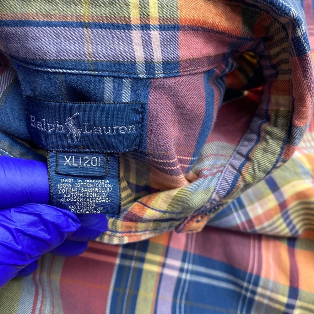 Ralph Lauren Plaid Button Down Shirt Boys XL 20 Cotton‎ Madras Long Sleeve